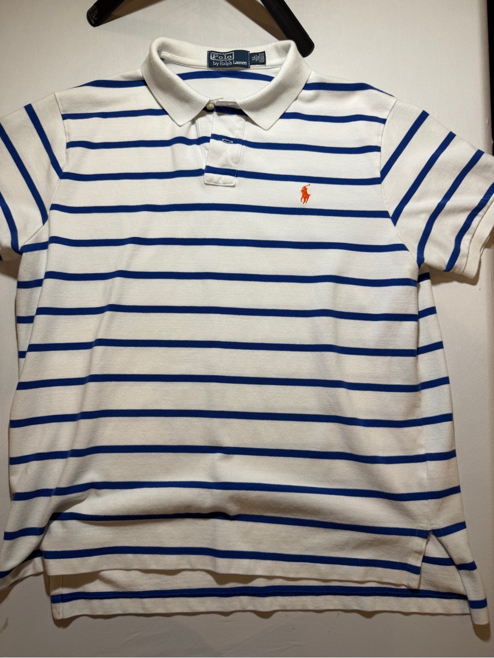 Ralph Lauren White & Blue Striped Polo with Orange Pony